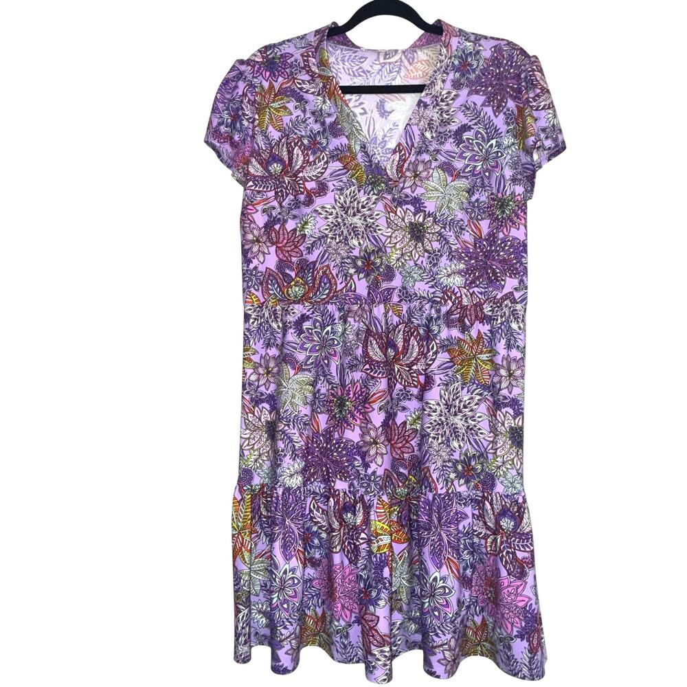 Jude Connally Libby Dress M Lavender Purple Floral V Neck US Tiered Short Sleeve